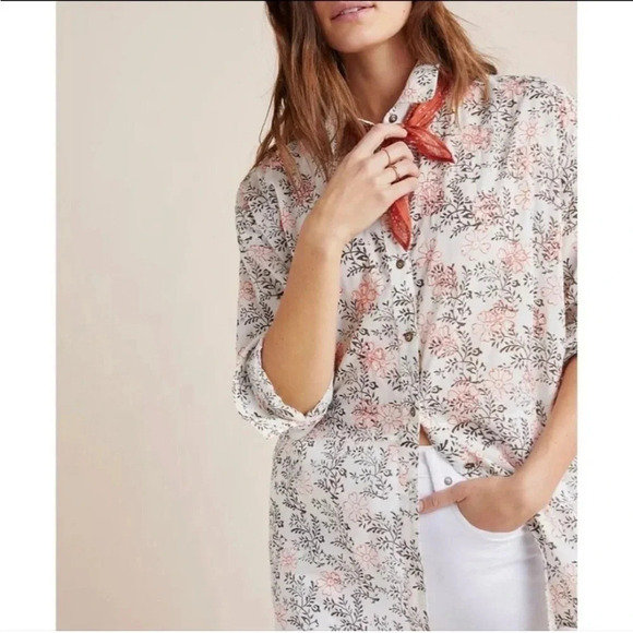 Anthropologie Enchanted Oversized Cotton Cream Floral Button Up Shirt size M/L - Picture 1 of 11